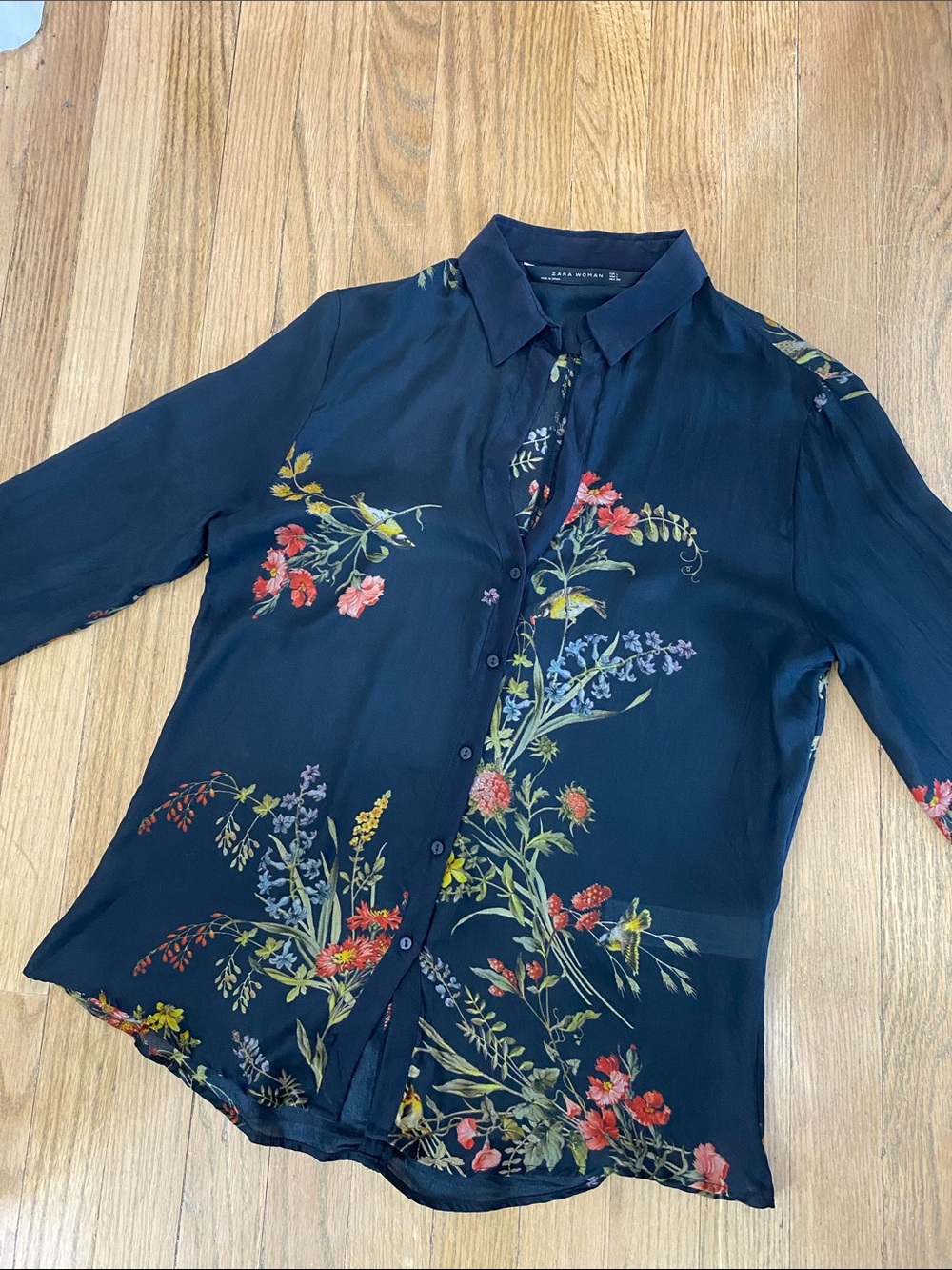 Zara Black Sheer Silk Floral Button-Up Shirt